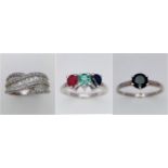 Three 925 Silver Different Style Stone Set Rings. Sizes: 2 X N and V.