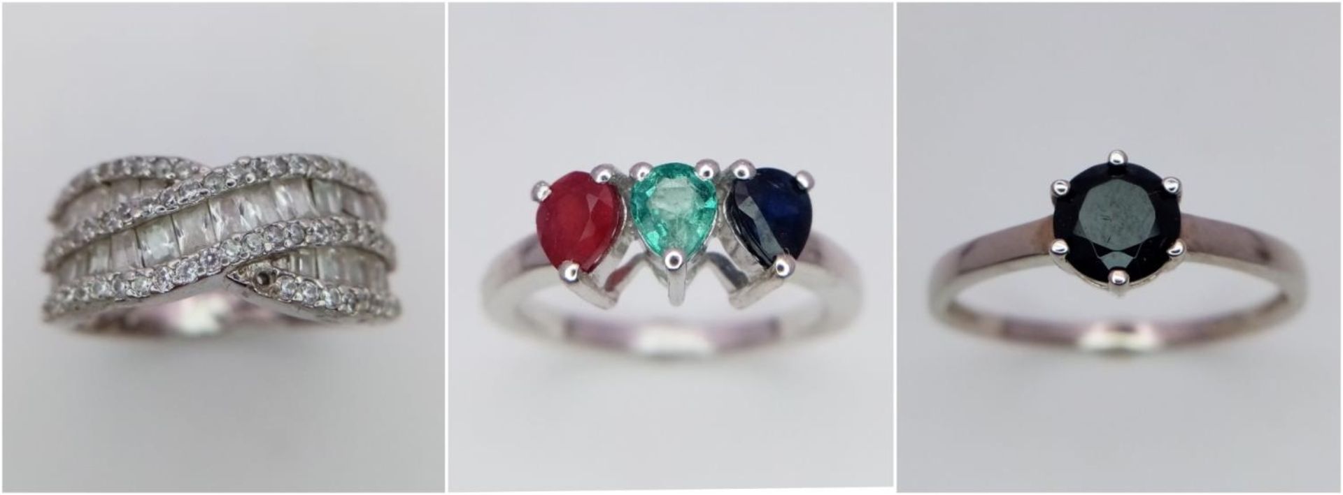 Three 925 Silver Different Style Stone Set Rings. Sizes: 2 X N and V.