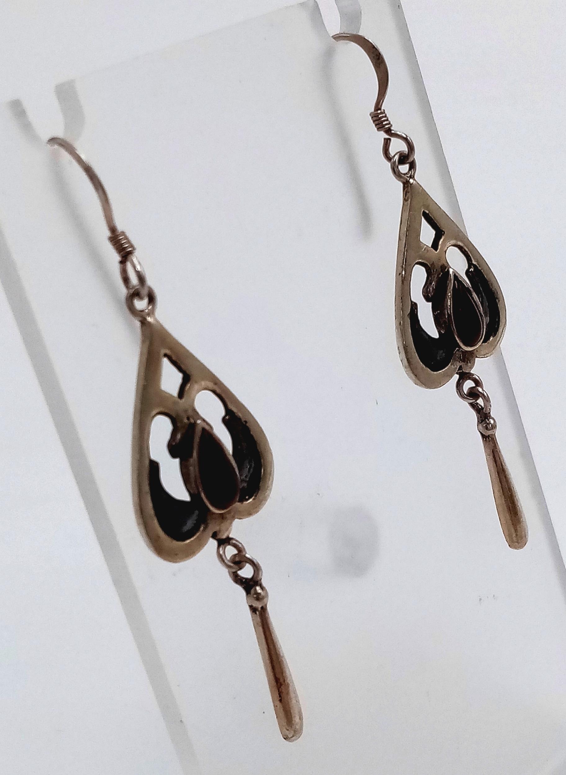 A Vintage Pair of Sterling Silver and Enamel Carnelian Set Art Nouveau Design Earrings. 7.5cm Drop. - Image 2 of 4