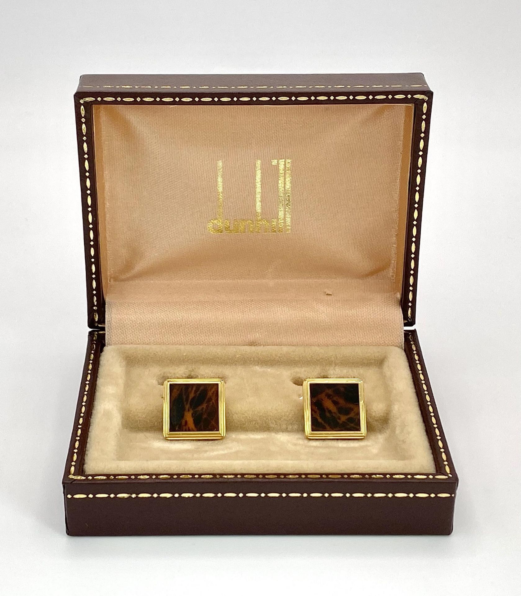 An Excellent Condition Pair of Square Yellow Gold Gilt Tortoiseshell Cufflinks by Dunhill in their