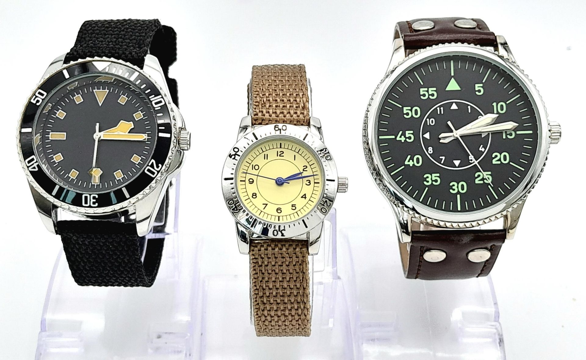 Three Unworn Military Homage Watches Comprising; 1) A German Laco Design Pilots Aviator Watch (