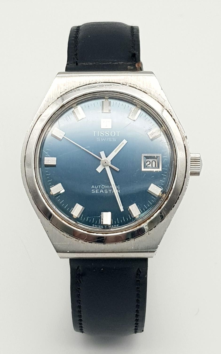 A Vintage Tissot Automatic Gents Watch. Black leather strap. Stainless steel case - 37mm. Blue - Image 3 of 6