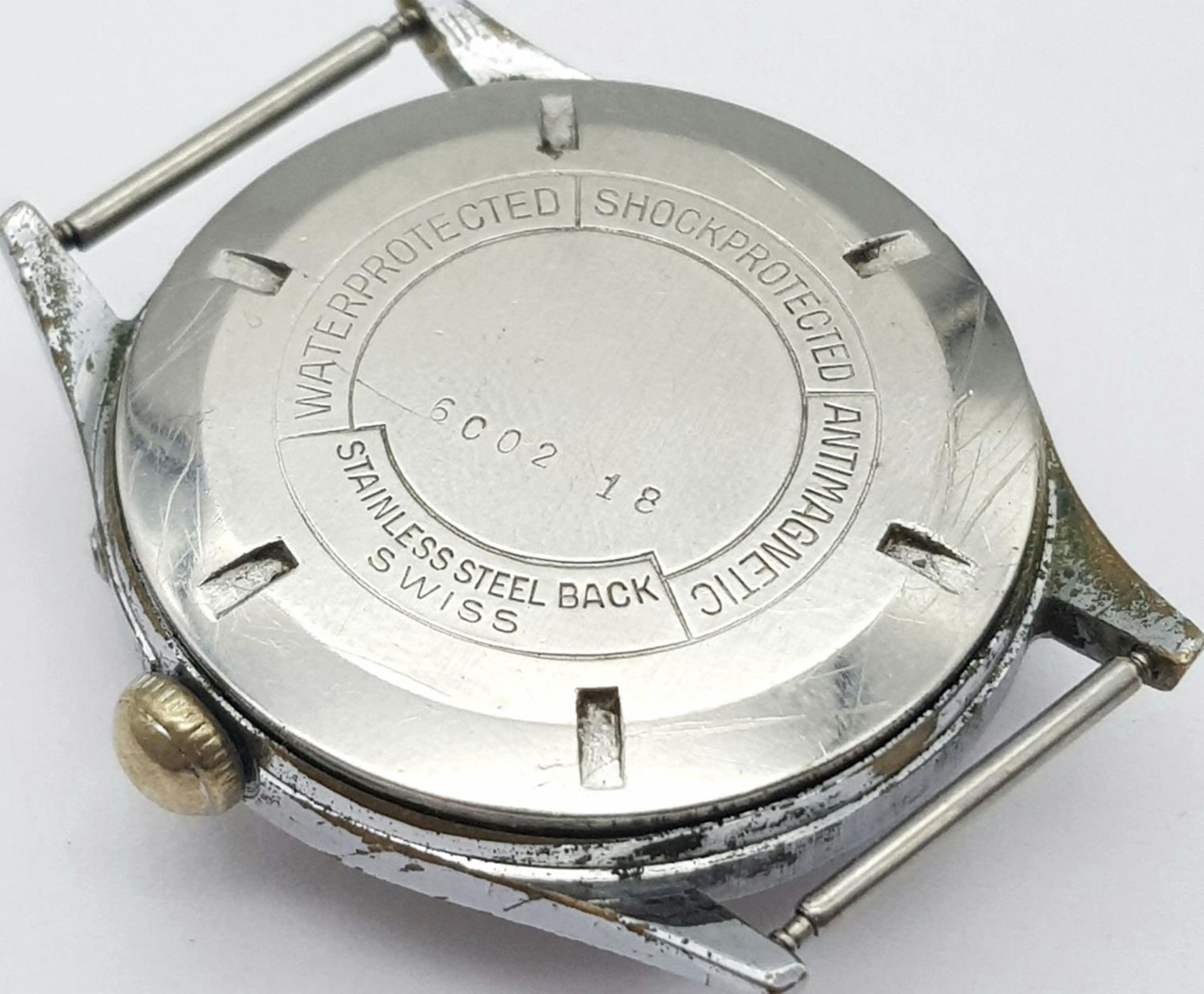 A Vintage Roamer Calendar 17 Jewels Stainless Steel Watch Case -33mm. Patinaed dial with sub dial. - Image 4 of 4