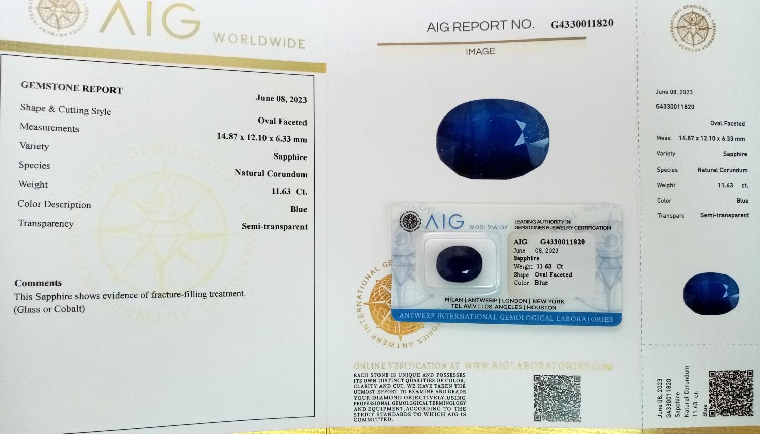 A Natural 11.63ct Blue Sapphire - AIG Milan Certified and Sealed. - Image 4 of 4