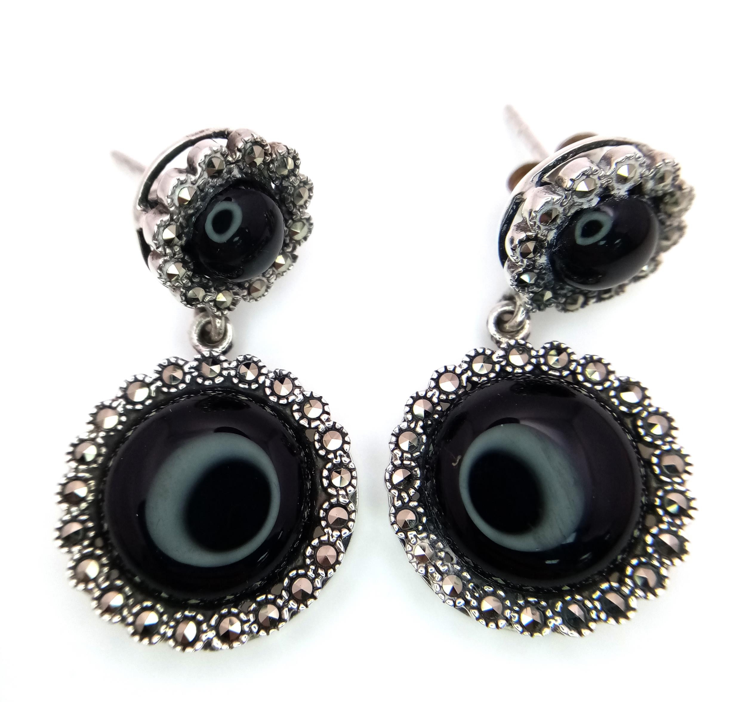 A Pair of 925 Silver, Black Onyx and Marcasite Drop Earrings. 3cm drop. Comes with a presentation - Image 2 of 6