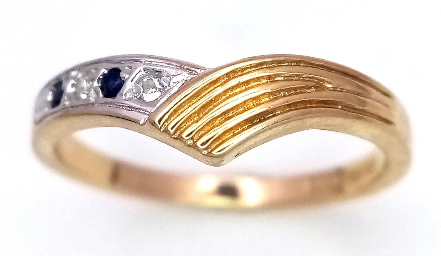 A 9K YELLOW GOLD DIAMOND & SAPPHIRE WISHBONE RING 1.8G SIZE L. ref:SPAS 9009 - Image 2 of 5