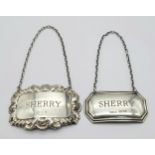 Two Vintage Sterling Silver Sherry Label Hangers. Sheffield and Birmingham hallmarks. 23g total