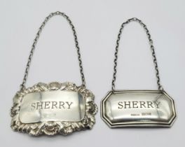 Two Vintage Sterling Silver Sherry Label Hangers. Sheffield and Birmingham hallmarks. 23g total