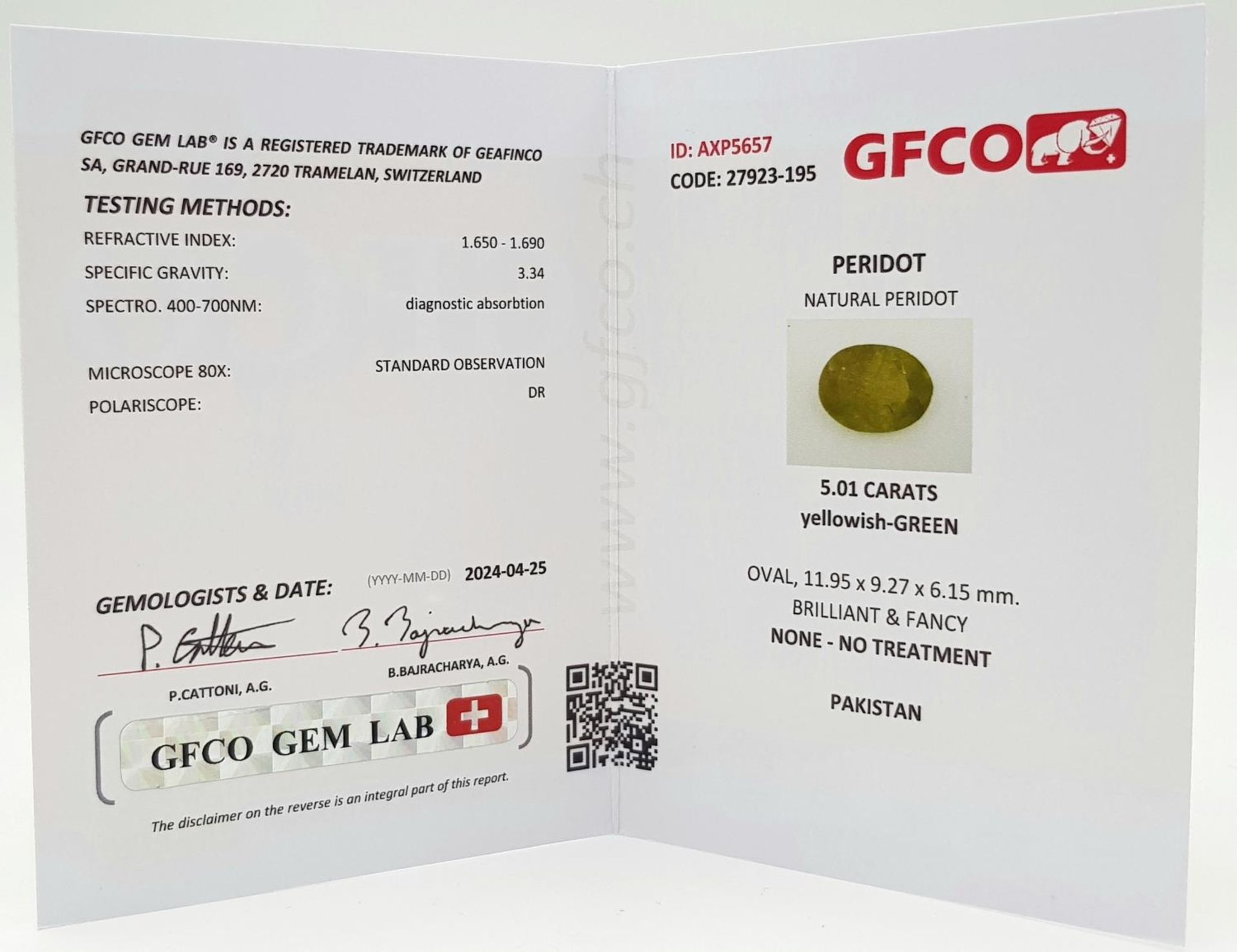 A 5.01ct Pakistan Peridot Gemstone - GFCO Certified. - Image 5 of 5