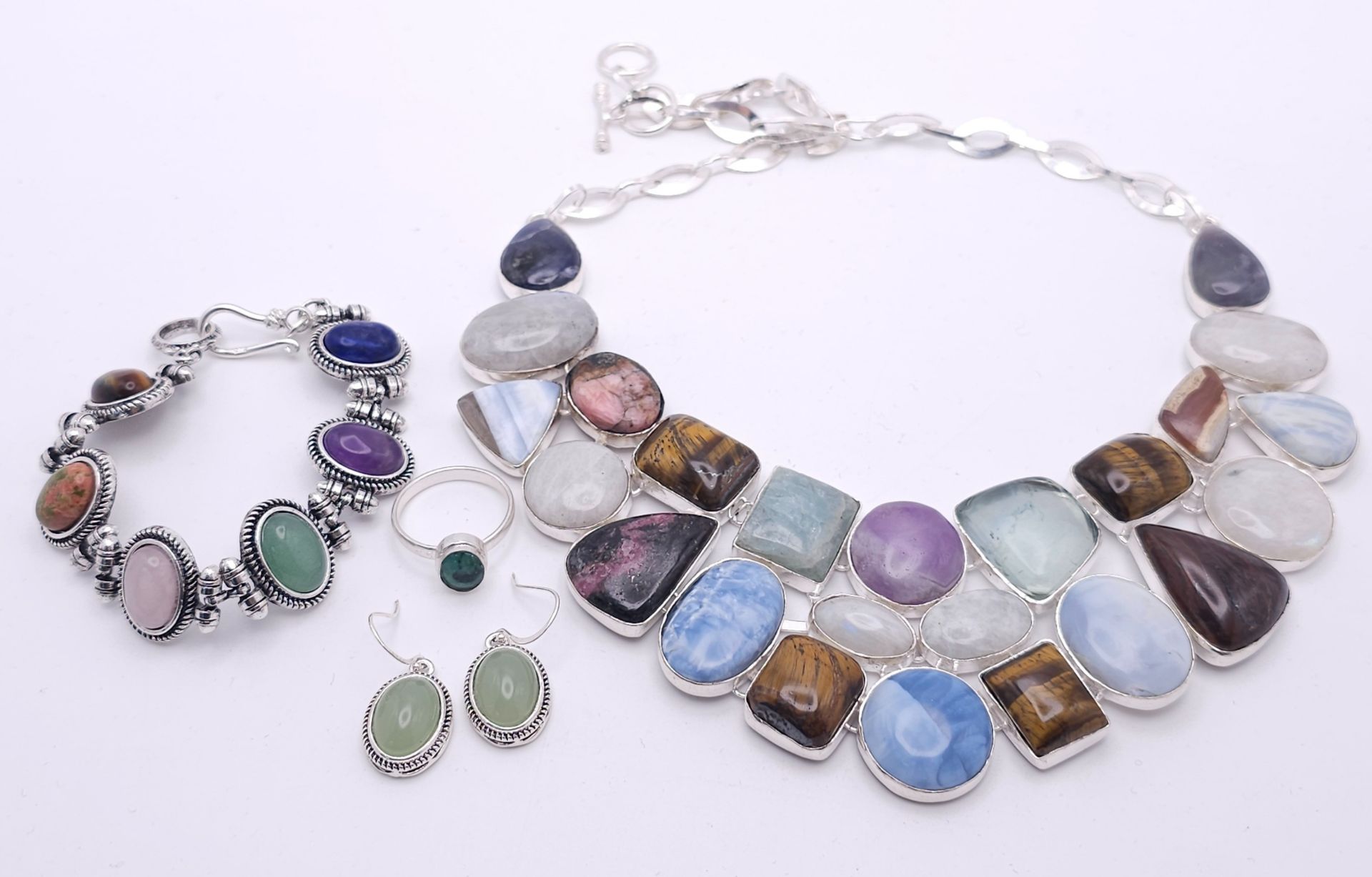 A Multi Gemstone 925 Silver Bracelet - 17cm, and Necklace - 42cm. Also comes with a pair of earrings