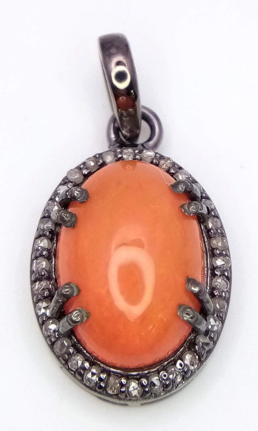 An Australian Fire Opal Cabochon Pendant with a Diamond Surround. 3cm. Ref: CD-1339 - Image 2 of 3