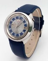 A Vintage Orient 21 Jewels Automatic Gents Watch. Blue leather strap. Stainless steel case - 40mm.