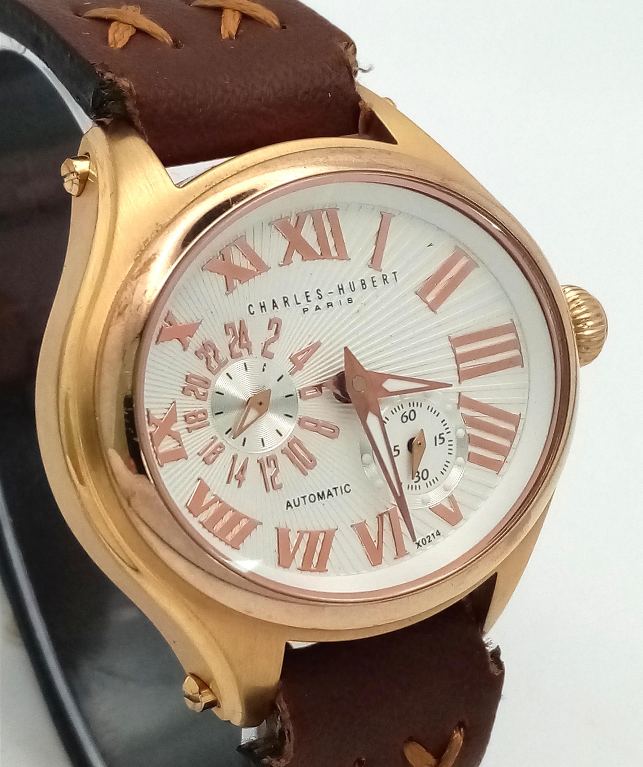 A Charles Hubert Automatic Gents Watch. Brown leather strap. Oval gilded case - 38mm. White dial - Image 3 of 5