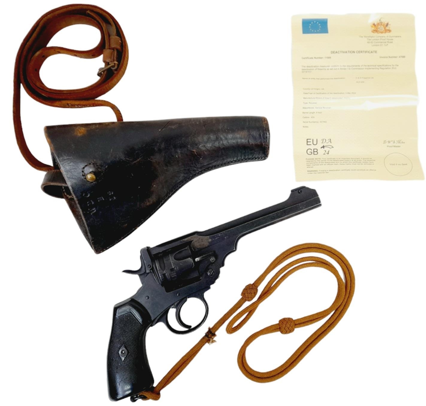 A Deactivated Webley Mark IV Revolver with Leather Holster. The British army adopted the mark IV