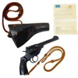 A Deactivated Webley Mark IV Revolver with Leather Holster. The British army adopted the mark IV
