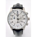 A Junkers Chronograph Quartz Gents Watch. Black leather strap. Stainless steel case - 42mm. White