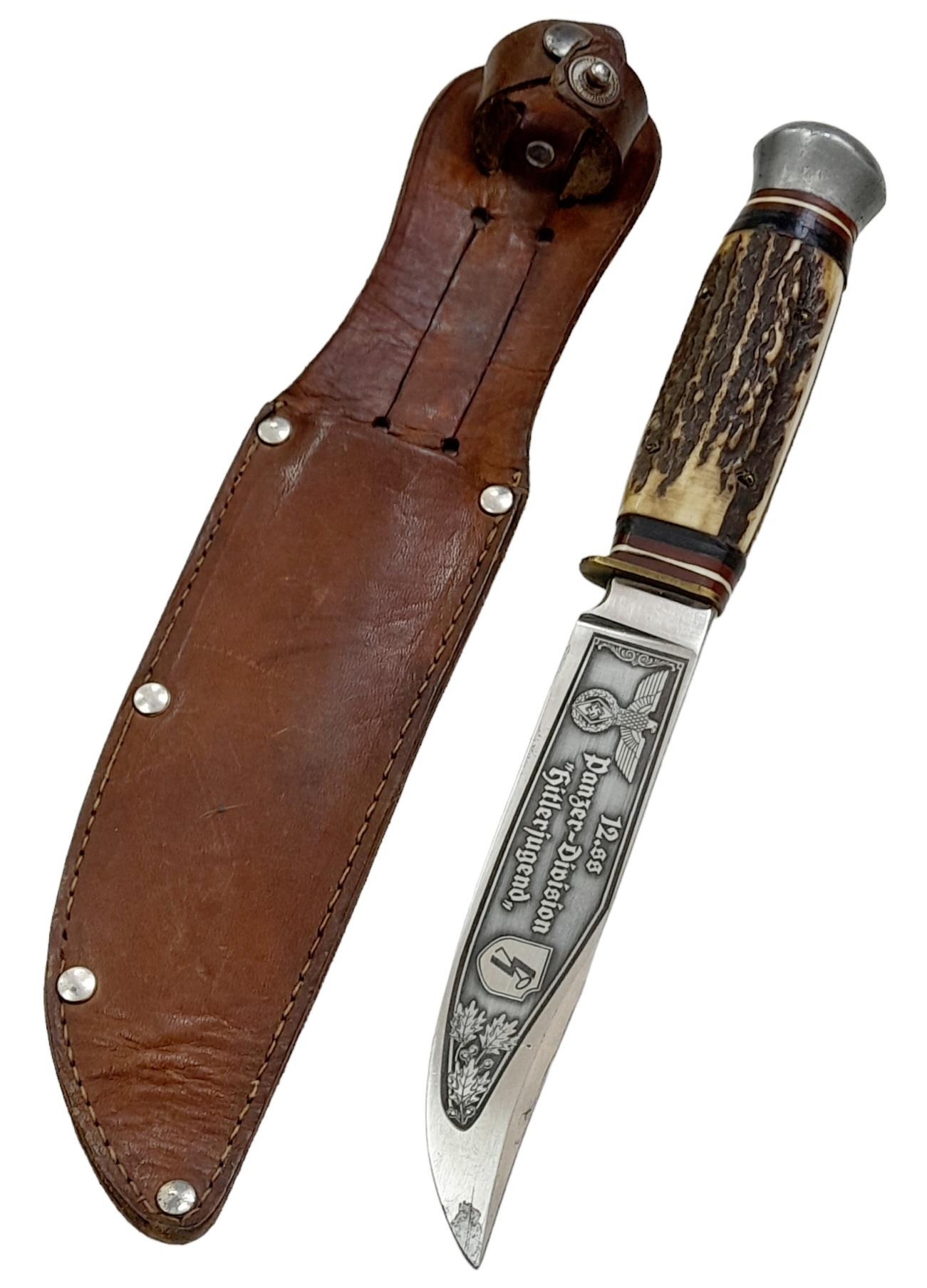 3rd Reich Hitler Youth Sheath Knife with acid etched blade dedicated to the 12th SS (Hitler Youth) - Image 3 of 5