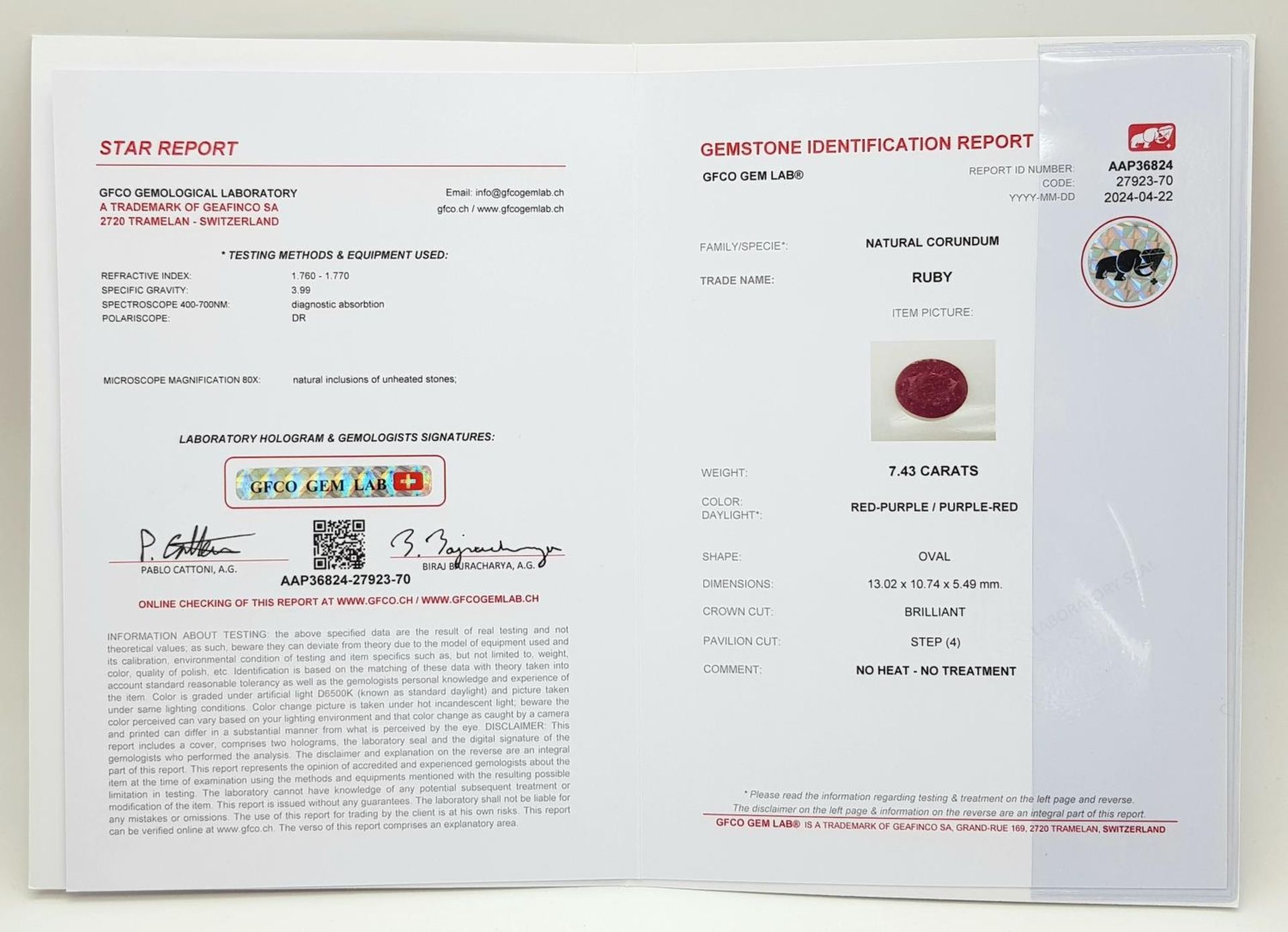 A 7.43ct Untreated Ruby - GFCO Swiss Certified. - Image 5 of 5