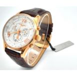 A Jorg Gray Quartz Chronograph Gents Watch. Burgundy leather strap. Gilded case - 42mm. White dial