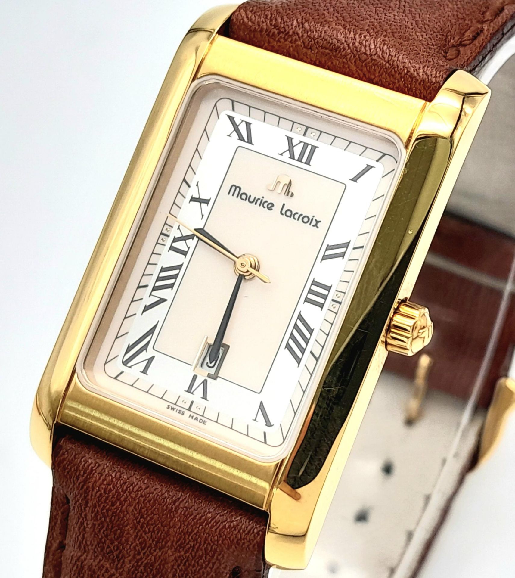 An Excellent Condition, Vintage, Maurice Lacroix Gold Plated Tank Style Date Watch. New Battery - Image 4 of 10