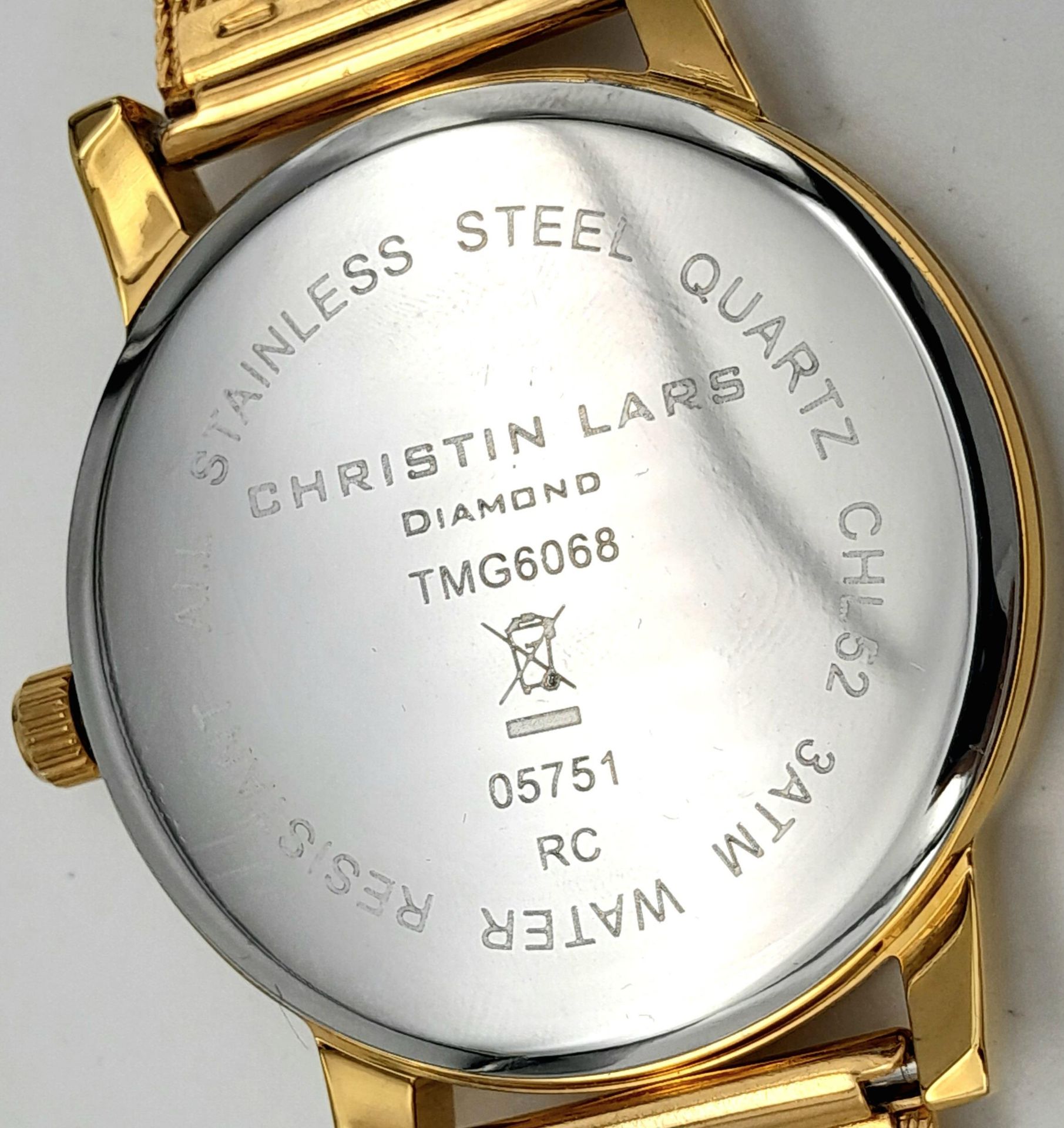 An Unworn Christian Lars Gold Tone Diamond Set Watch. 41mm Case. Replacement Battery Fitted April - Image 5 of 8