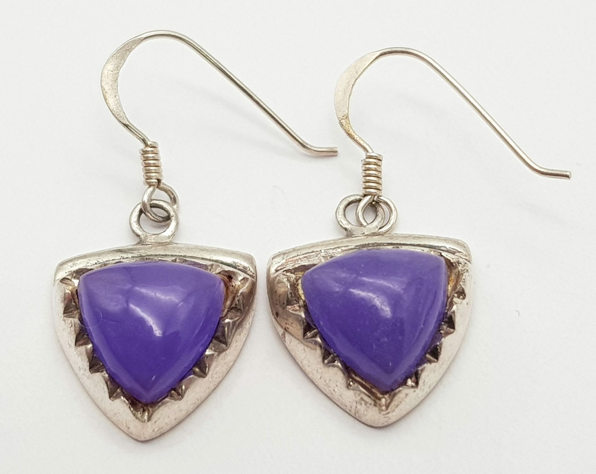 A Pair of Sterling Silver Trillion Cut Lavender Jade Earrings. 3cm Drop. Set with 1cm Wide