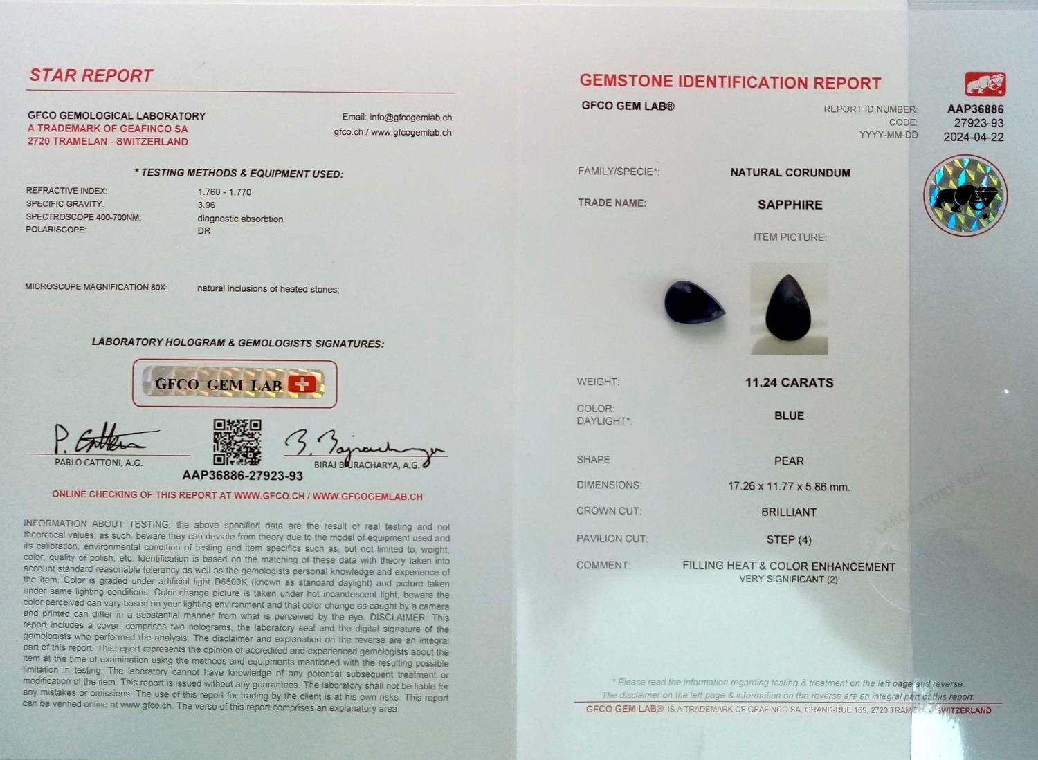 A 11.24ct Natural Blue Sapphire Gemstone - GFCO Swiss Certified. - Image 4 of 4