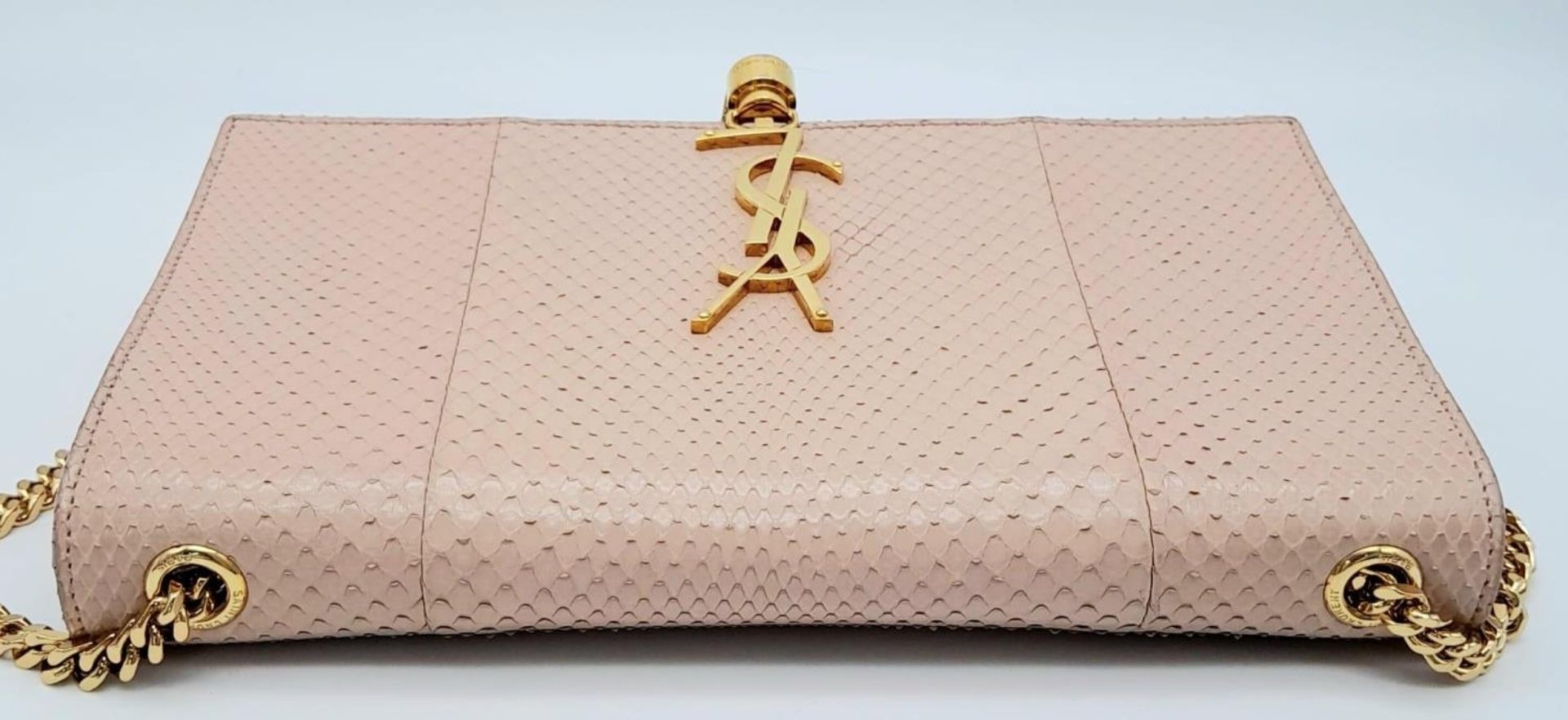 A Pink Saint Laurent Classic Monogram Python Medium Kate Tassel Bag. Gold Hardware. 9.5 inch W x 6 - Image 3 of 9