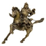 A Vintage Chinese Copper Guan Gong (God of war and wealth) on Horseback Statue. 23cm x 19cm tall.