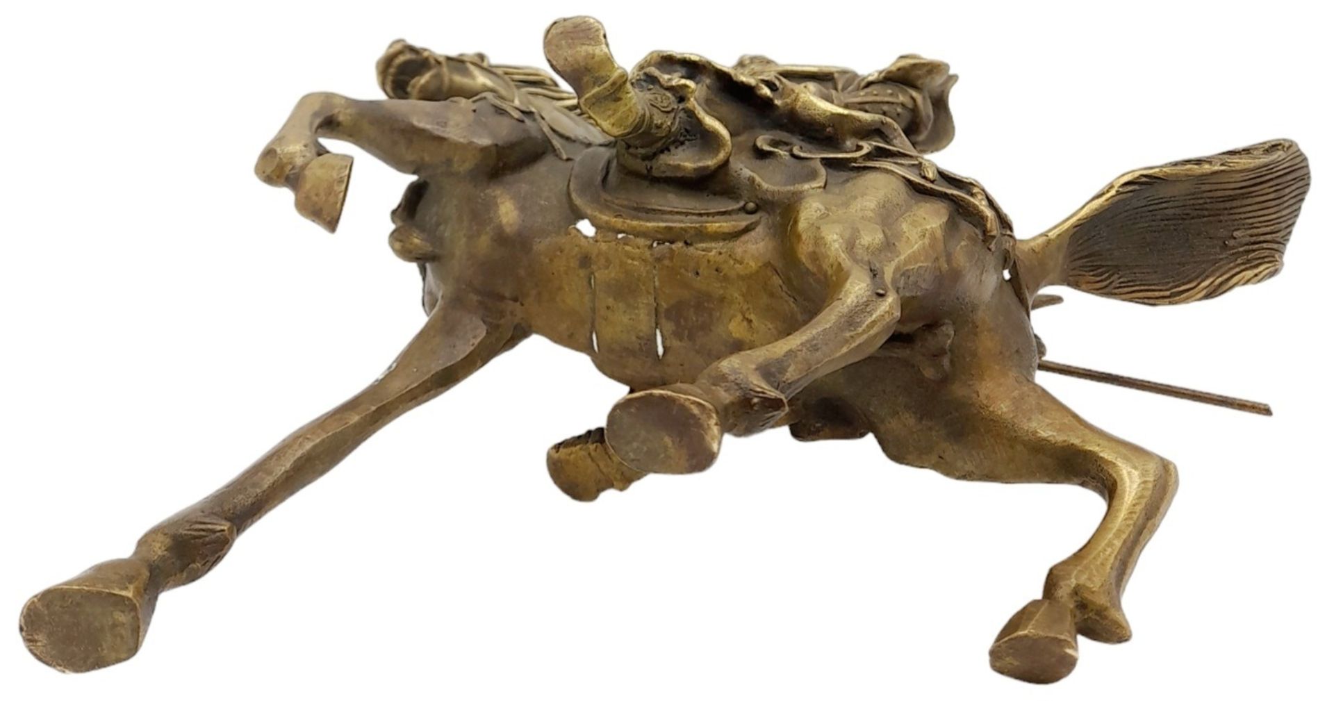 A Vintage Chinese Copper Guan Gong (God of war and wealth) on Horseback Statue. 23cm x 19cm tall. - Image 6 of 6