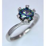 A 1ct Rainbow Moissanite and 925 Silver Ring. Size N. Comes with a GRA certificate.