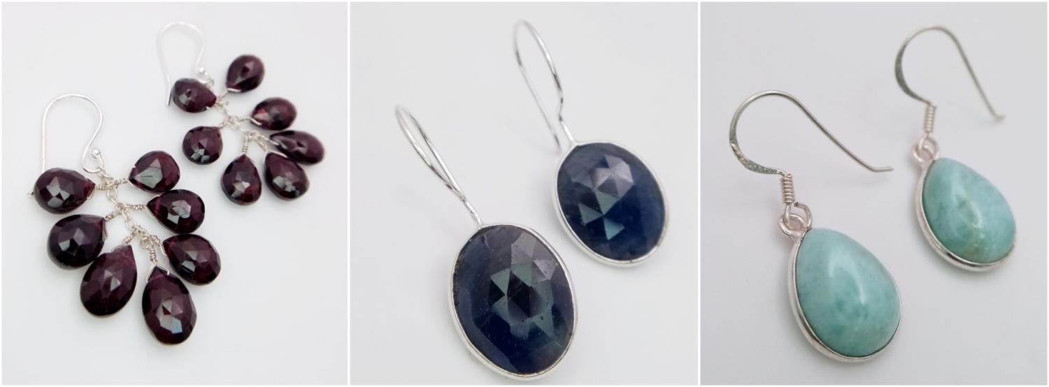 Three pairs of Gemstone Drop Earrings. Opal, Garnet and emeralds. All set in 925 silver. Ref: CD-