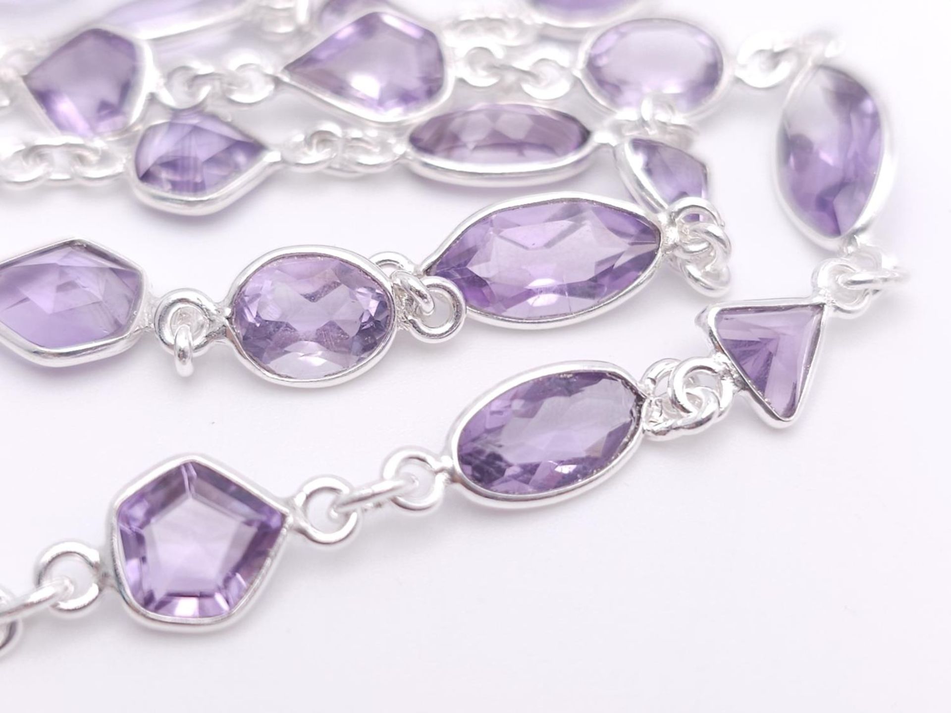 An Amethyst Multi-Shape Gemstone Long Chain Necklace. Set in 925 Silver. 68cm length. 20g. Ref: CD- - Image 2 of 6