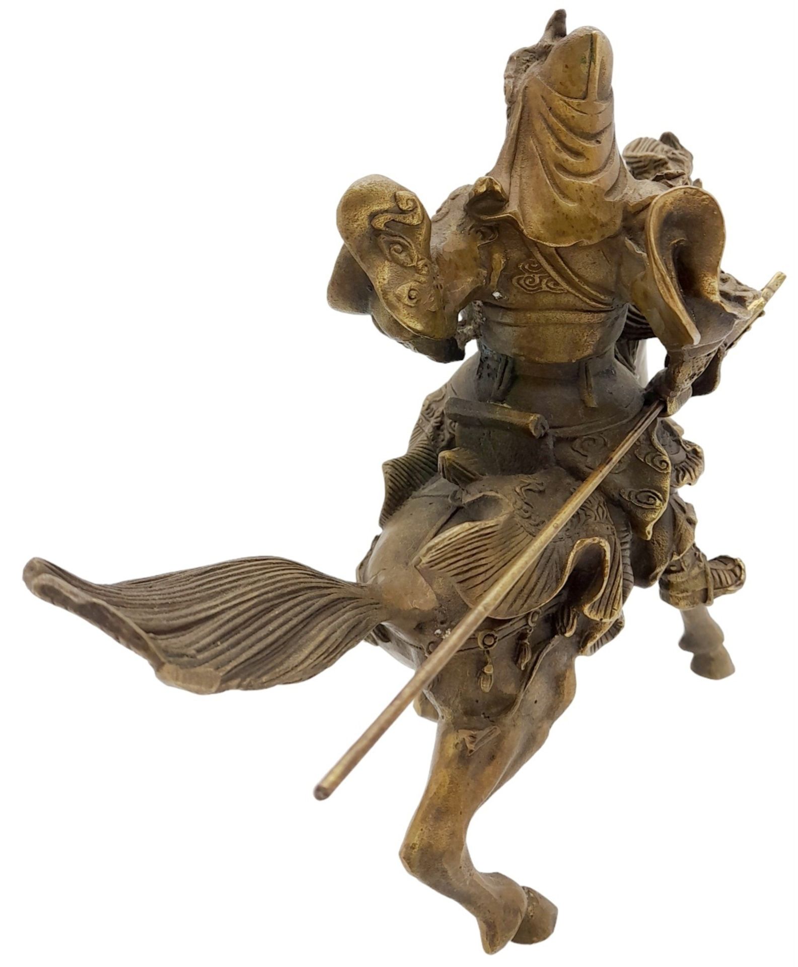A Vintage Chinese Copper Guan Gong (God of war and wealth) on Horseback Statue. 23cm x 19cm tall. - Image 4 of 6