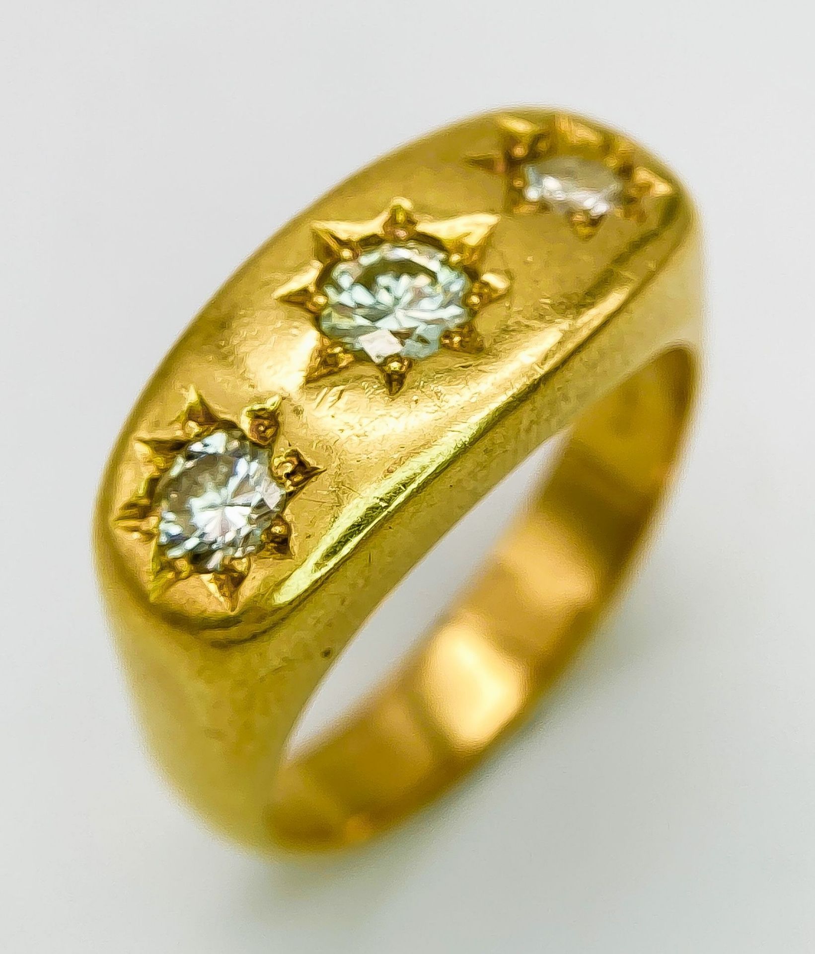 A Vintage 18K Yellow Gold Three Diamond Gypsy Ring. 1ctw. Size U/V. 16.2g total weight. - Image 2 of 5