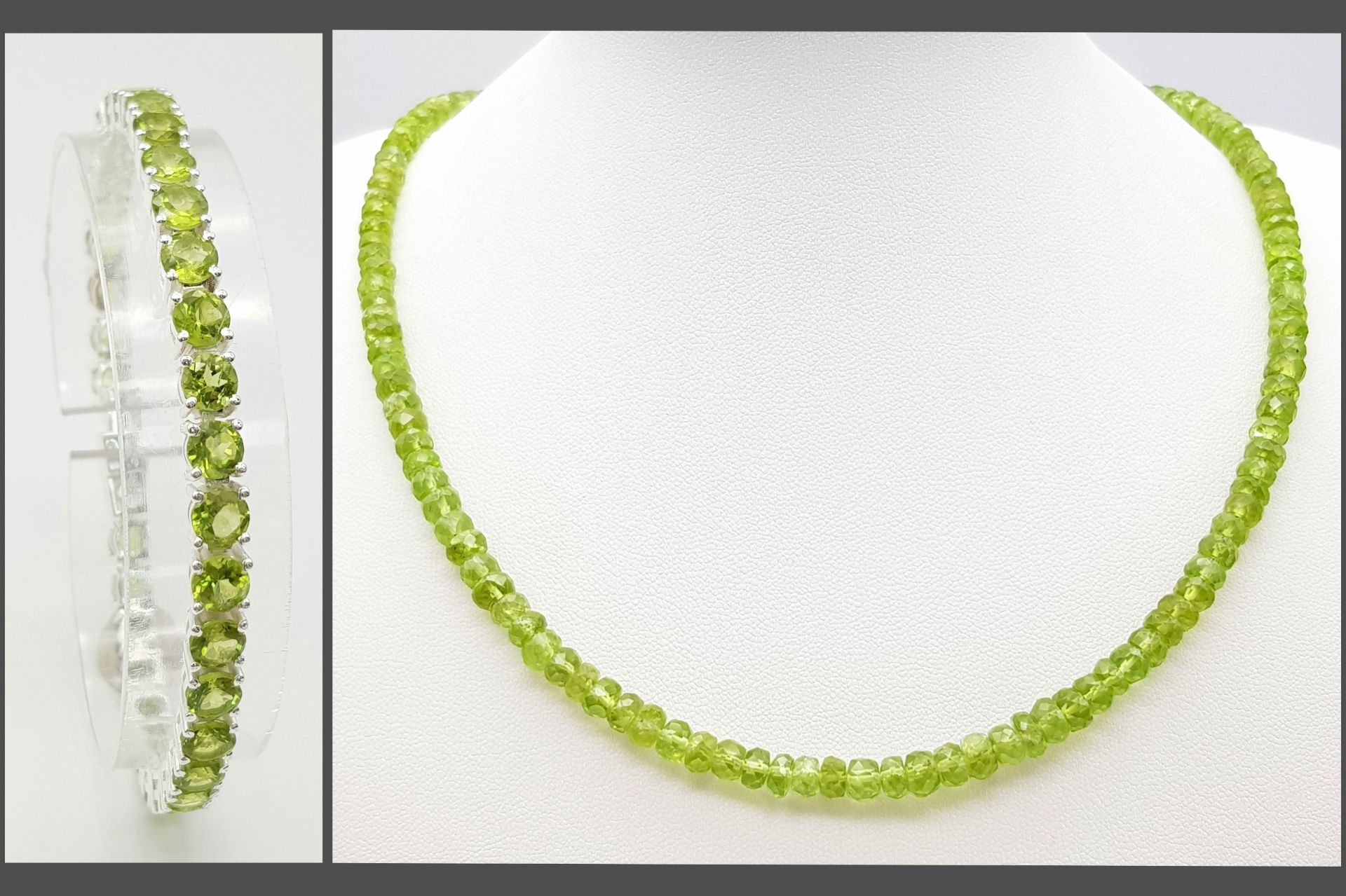 A Peridot Gemstone Tennis Bracelet with a Peridot Rondelle Necklace. Both with silver clasps.