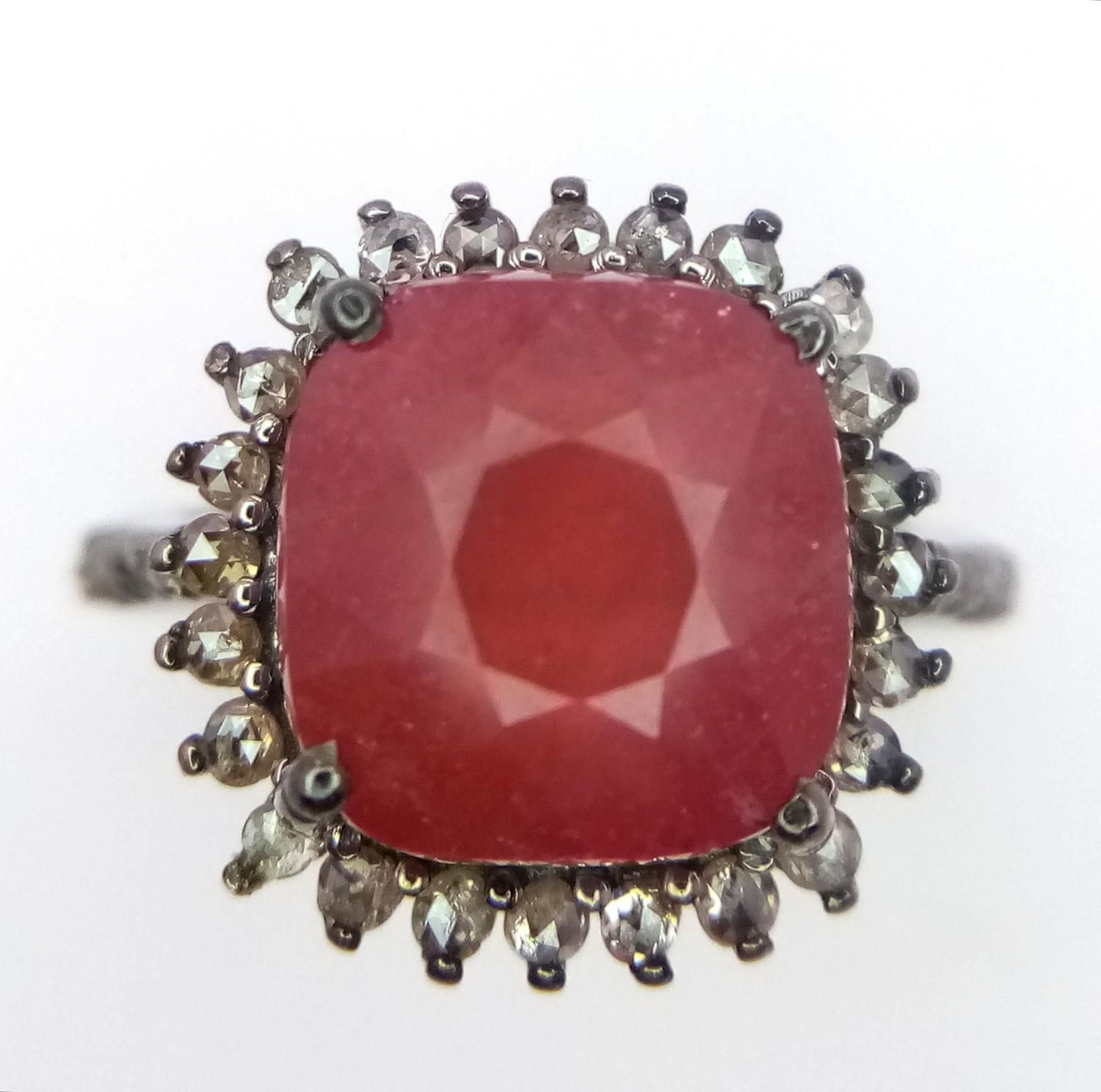 A 4.75ct Ruby Gemstone Ring with 0.80ctw of Diamond Accents. Set in 925 Silver. Size M. Ref: CD-1337 - Image 2 of 5