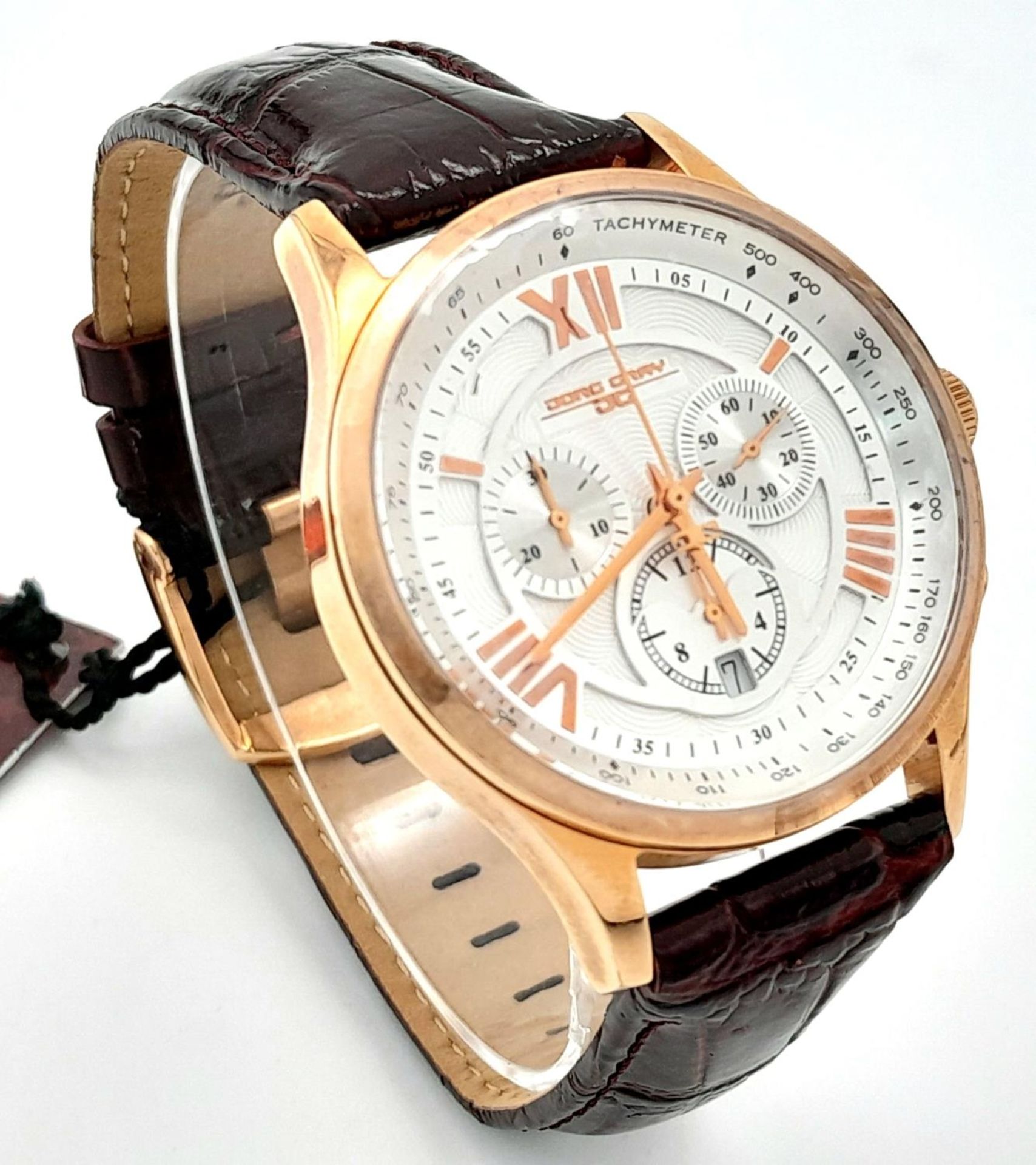 A Jorg Gray Quartz Chronograph Gents Watch. Burgundy leather strap. Gilded case - 42mm. White dial - Image 3 of 7