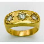 A Vintage 18K Yellow Gold Three Diamond Gypsy Ring. 1ctw. Size U/V. 16.2g total weight.