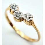 A 9K YELLOW GOLD, DIAMOND SET, CURVED BAND RING. 1.1G. SIZE M.