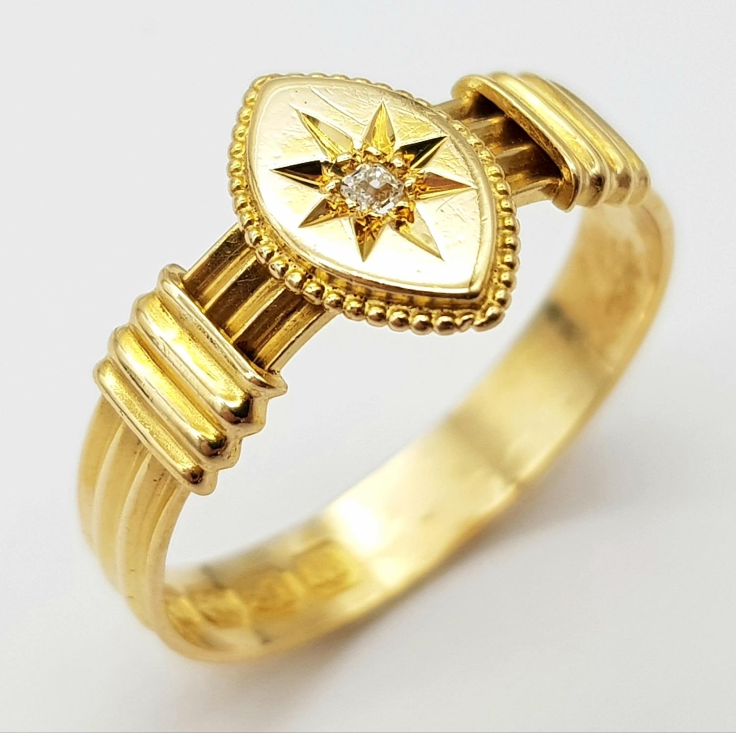 AN ANTIQUE 18K YELLOW GOLD DIAMOND RING. Hallmarked Birmingham, 1894. Size O, 2.5g total weight.