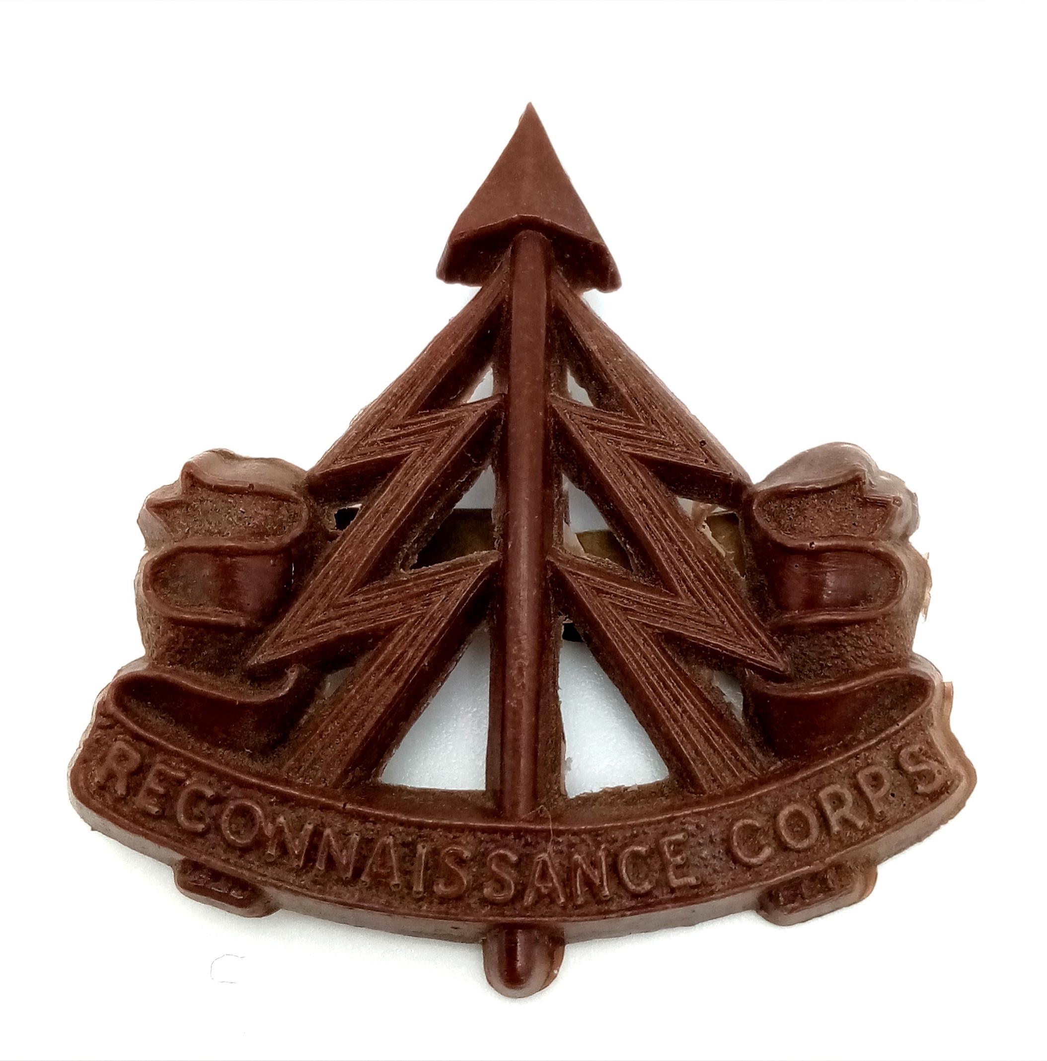 WW2 Plastic (Cellulose Acetate) Economy Issue Reconnaissance Corps Cap Badge. Maker Marked: A.