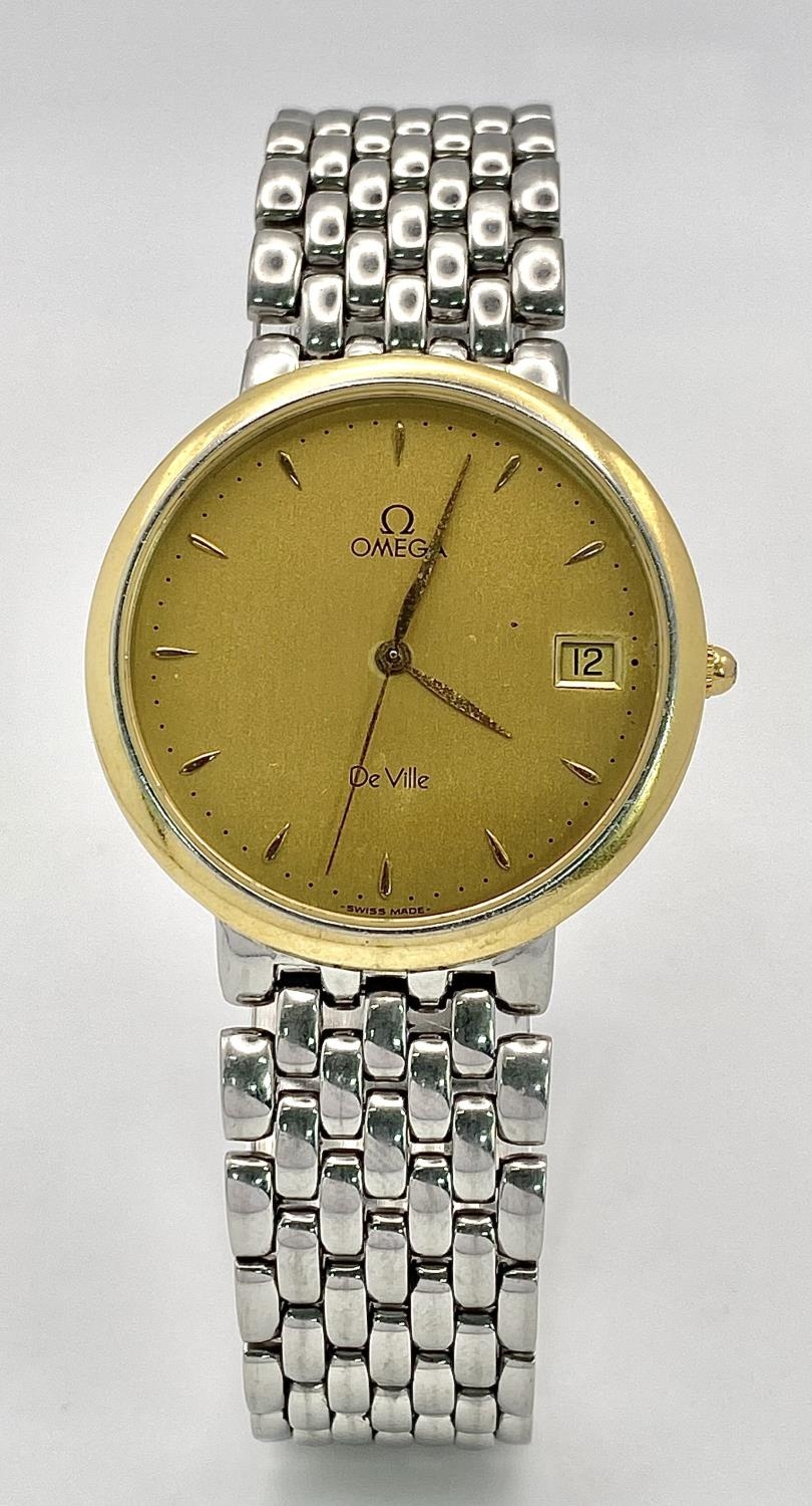 A Vintage Omega Deville Quartz Gents Watch. Stainless steel bracelet and gilded case - 33mm. - Image 4 of 7