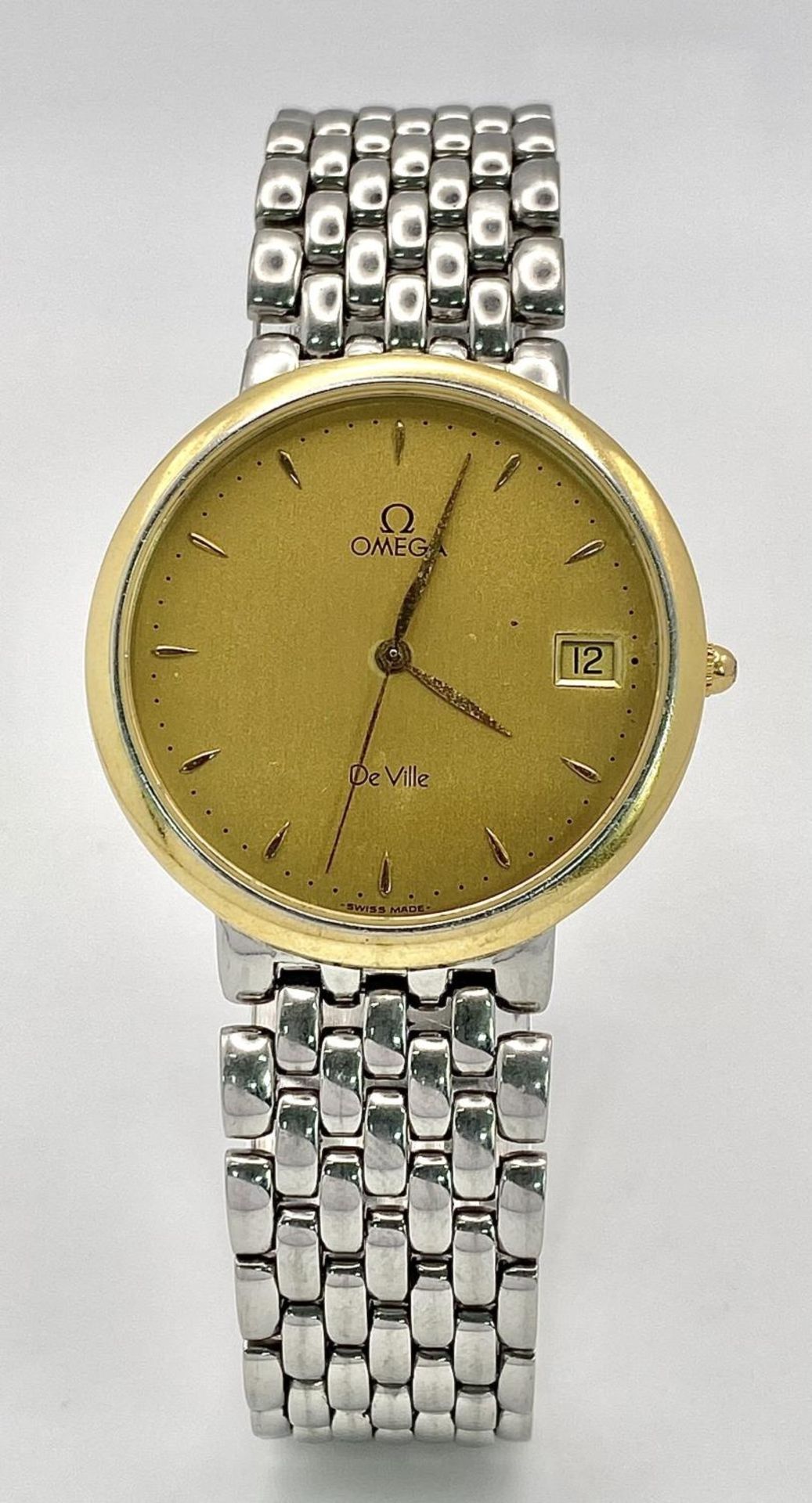 A Vintage Omega Deville Quartz Gents Watch. Stainless steel bracelet and gilded case - 33mm. - Image 4 of 7