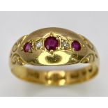 An Antique 22K Yellow Gold Ruby and Diamond Ring. Size M. 2.6g total weight.