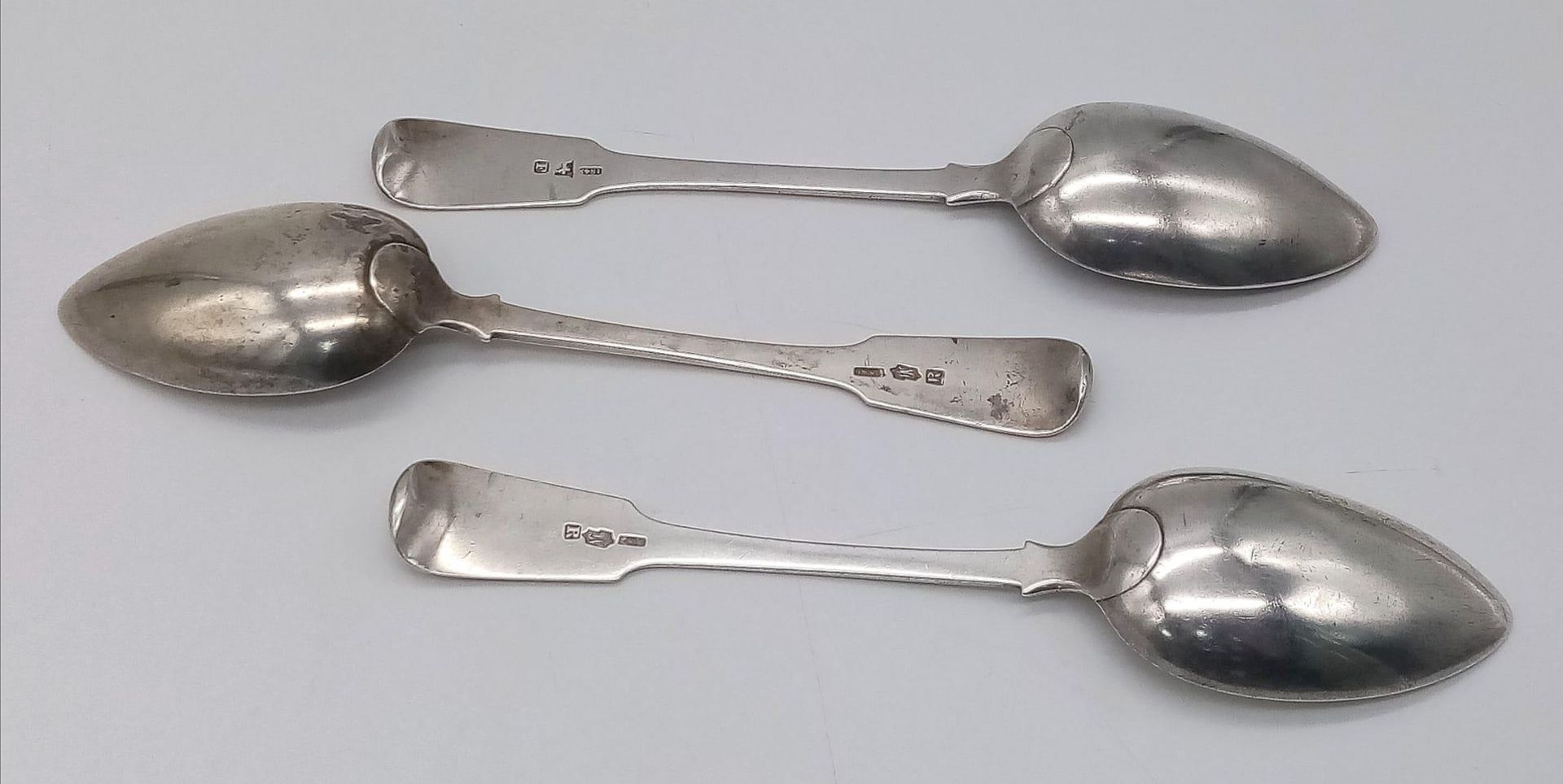 Three Antique (1848 marked)) Silver (tests as) Large Serving Spoons. 21cm length. 214g total weight. - Image 2 of 3