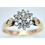 A 9K YELLOW GOLD DIAMOND CLUSTER RING 2.2G SIZE N 1/2. SC 9012