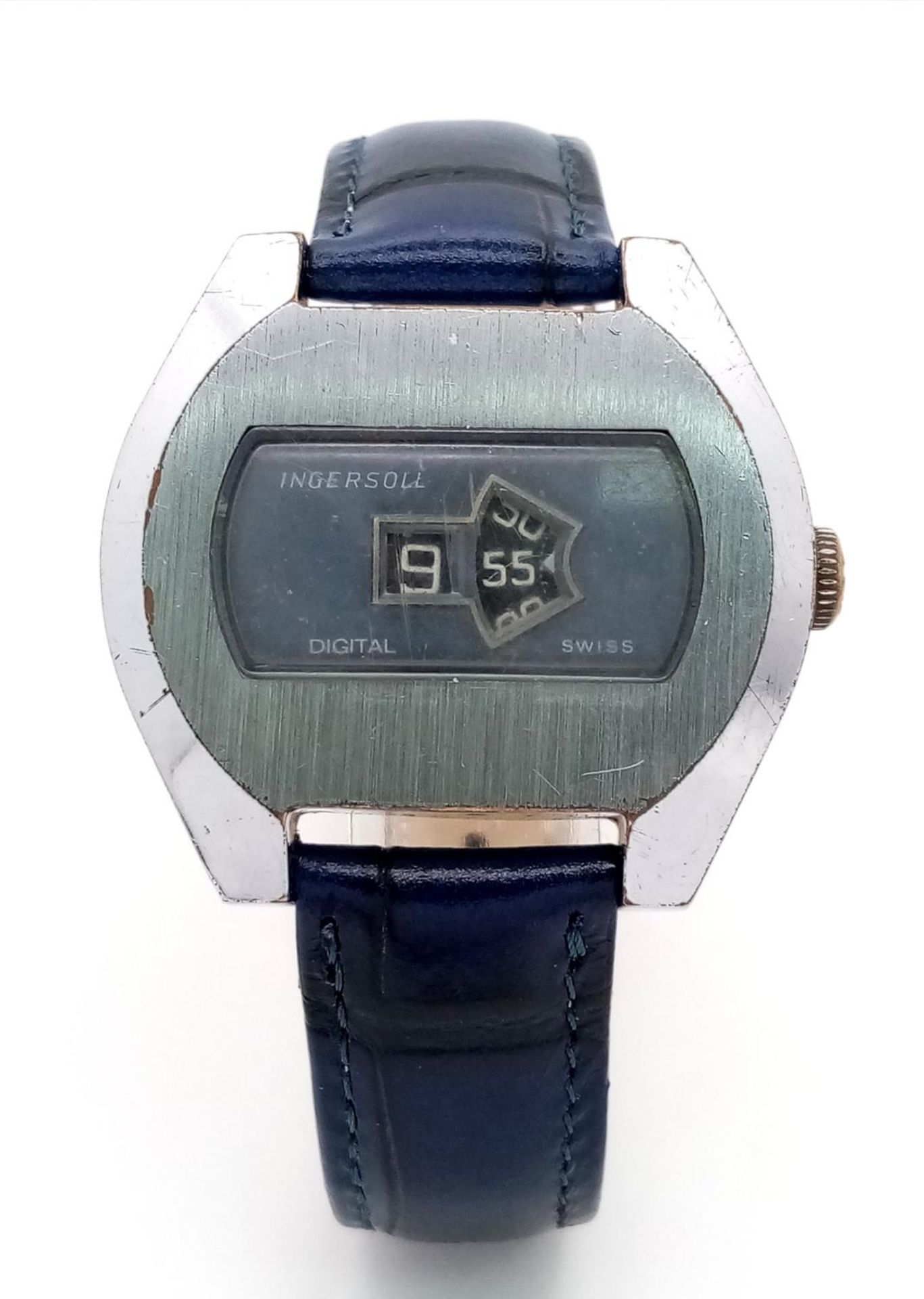 A Vintage Ingersoll Jump Watch. Blue leather strap. Stainless steel case - 38mm. Metallic grey - Bild 2 aus 6
