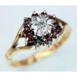 A 9K (TESTED AS) YELLOW GOLD DIAMOND & RUBY CLUSTER RING 1.5G SIZE I 1/2. ref: SPAS 9023