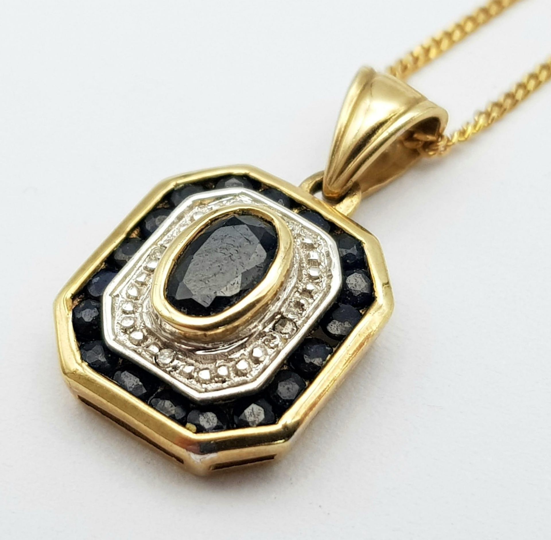 A 9K Yellow Gold Sapphire and Diamond Pendant on a 9K Yellow Gold Disappearing Necklace. Pendant - - Image 3 of 5
